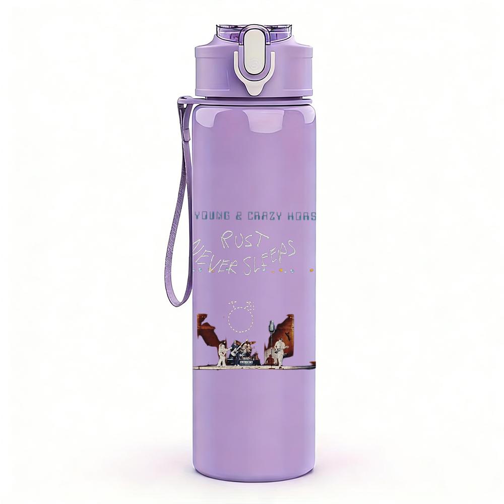 1PC Faint light blue faded band text sketch print 750ml colorful plastic sports water bottle leakproof pop up lid with straw for outdoor work home use