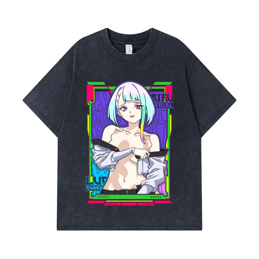 275 GSM Gewaschene T-Shirts 100% Baumwolle Cyberpunk V11 Lucy Waifu Print Unisex Schweres Baumwoll-T-Shirt