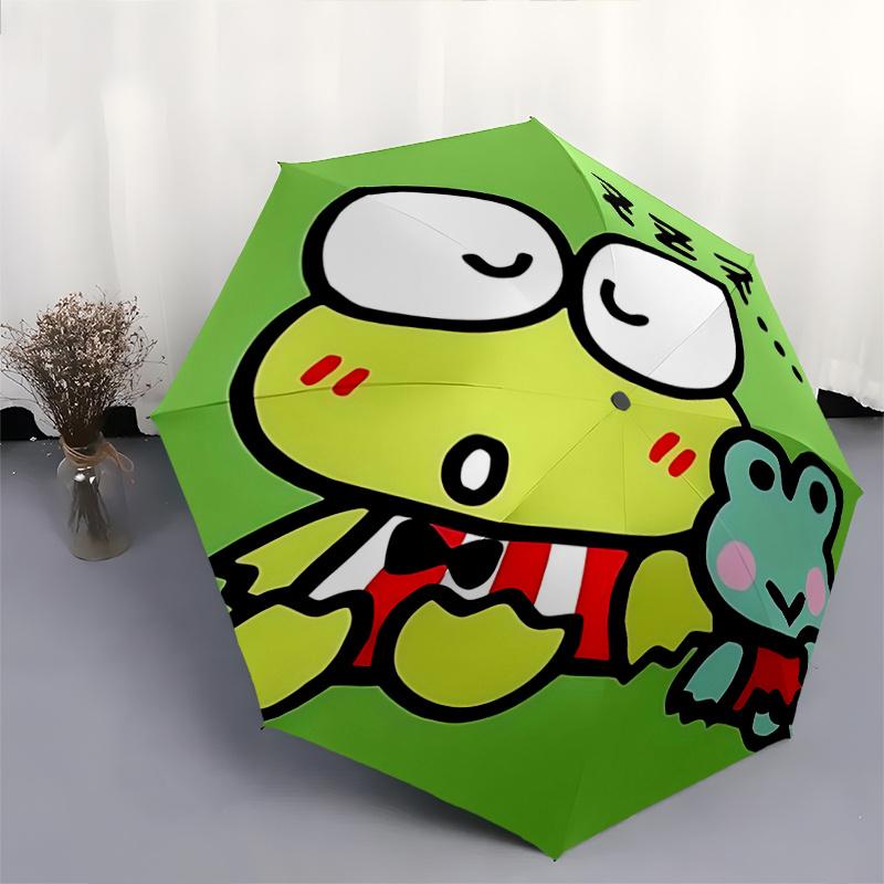 1 ud. Paraguas Plegable Automático Familia de Ranas Keroppi - Diseño Portátil de 3 Pliegues con Estructura de Hierro para Uso en Exteriores, Regalo Perfecto para Fans y Viajeros. K095