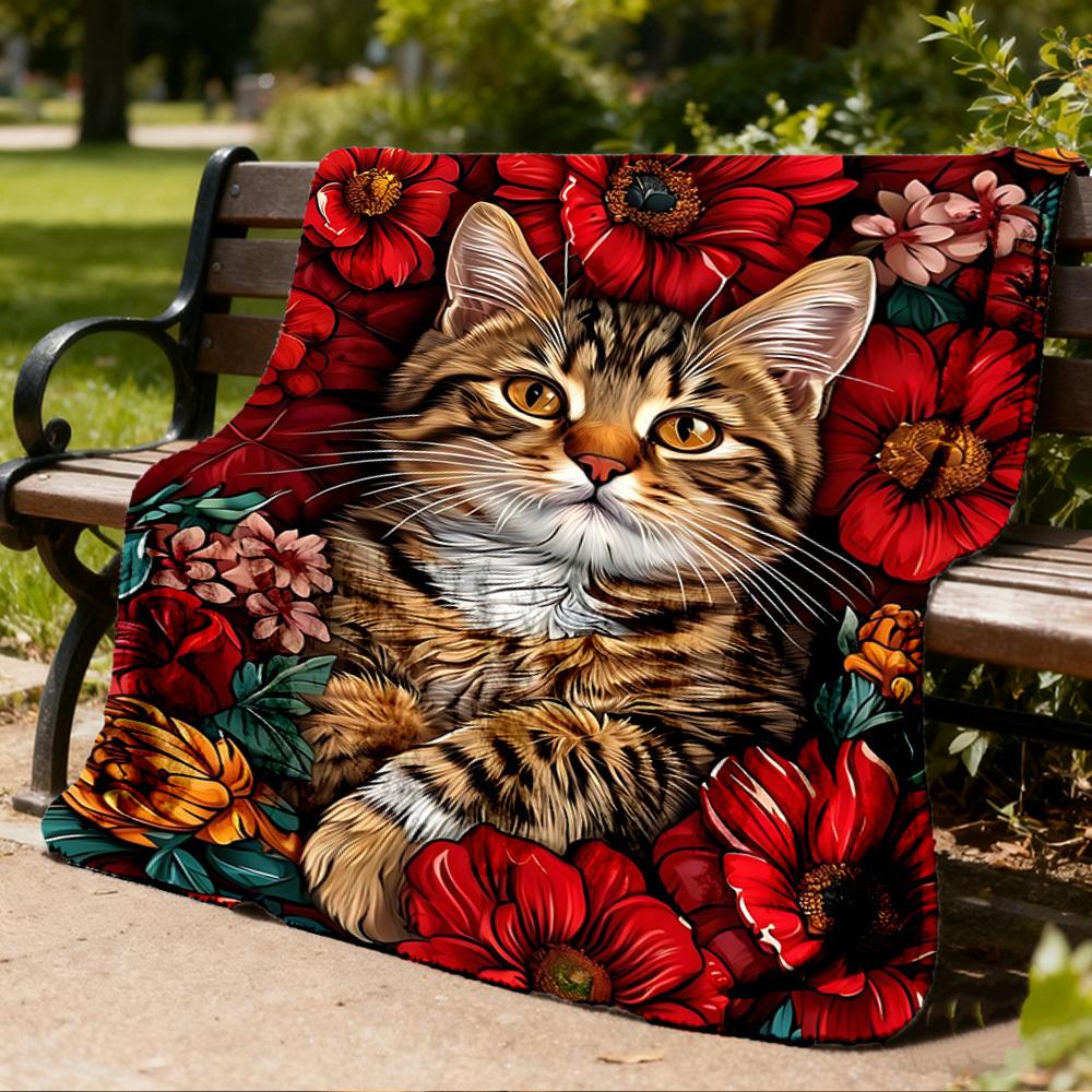 1pc Cat Floral Print Print Outdoor Blanket, Lightweight Polyester,