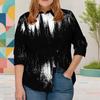 Women Plus Size Collared Neck Long Sleeve Black White Geometric Printed Button Front Curved Hem Shirt