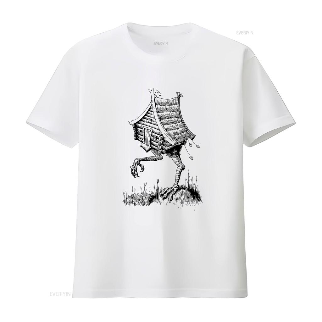 Slavic Folklore Baba Yaga Art Walking House on Chicken Legs T Shirt vintage Washed Versatile streetwear Slightly fashion