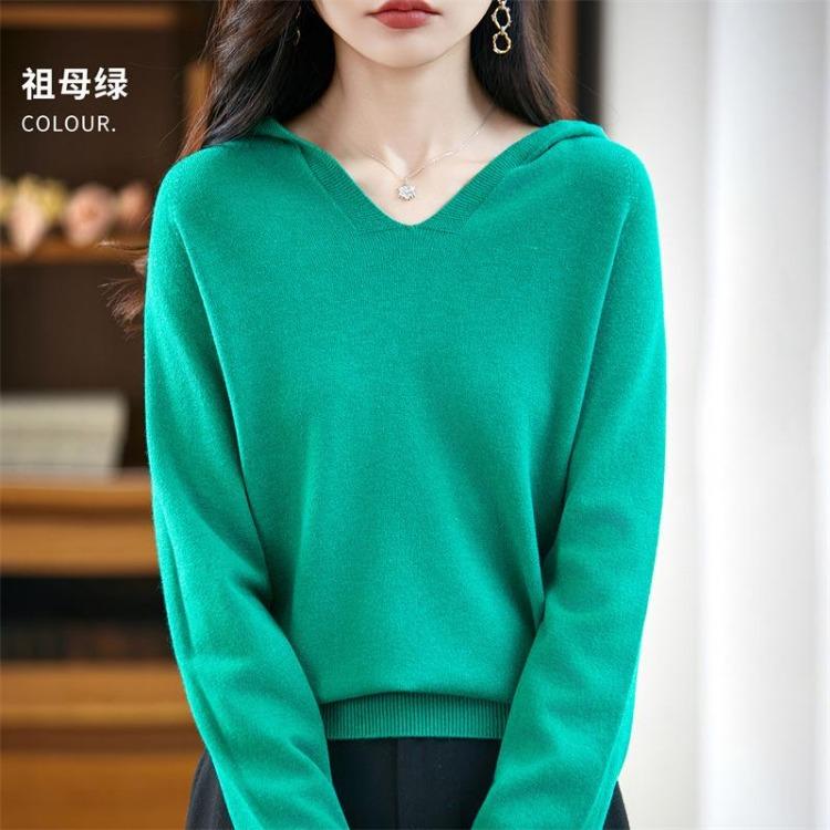 Warm V Neck Hooded Knitted Sweater for Women Autumn Winter Hoodie Sweater