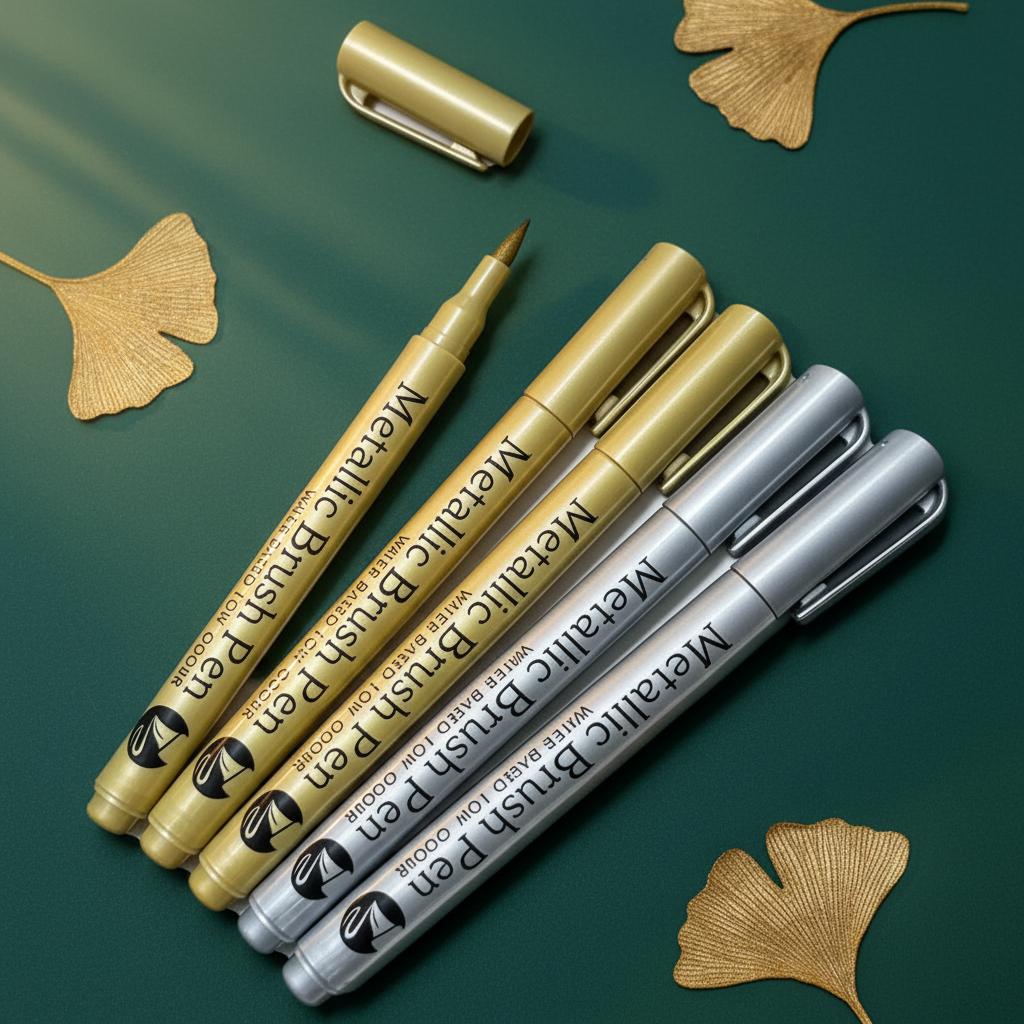 5 Stück Metallische Pinselmarker Stifte(Golden + Silber), Wasserdichte Marker für Graffiti, Unterschriften, Malerei, Kunstschulbedarf