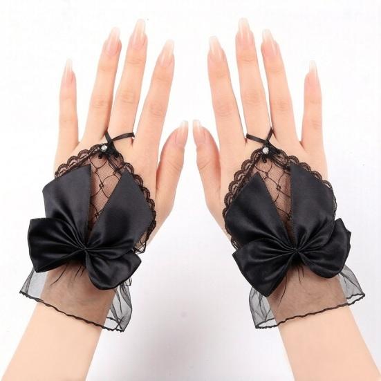 Women Lace Gloves Fingerless Mesh Gloves with Bow Embellishment for Wedding Princess Style Stage Performance Ballet Party Cosplay Bridal Accessories