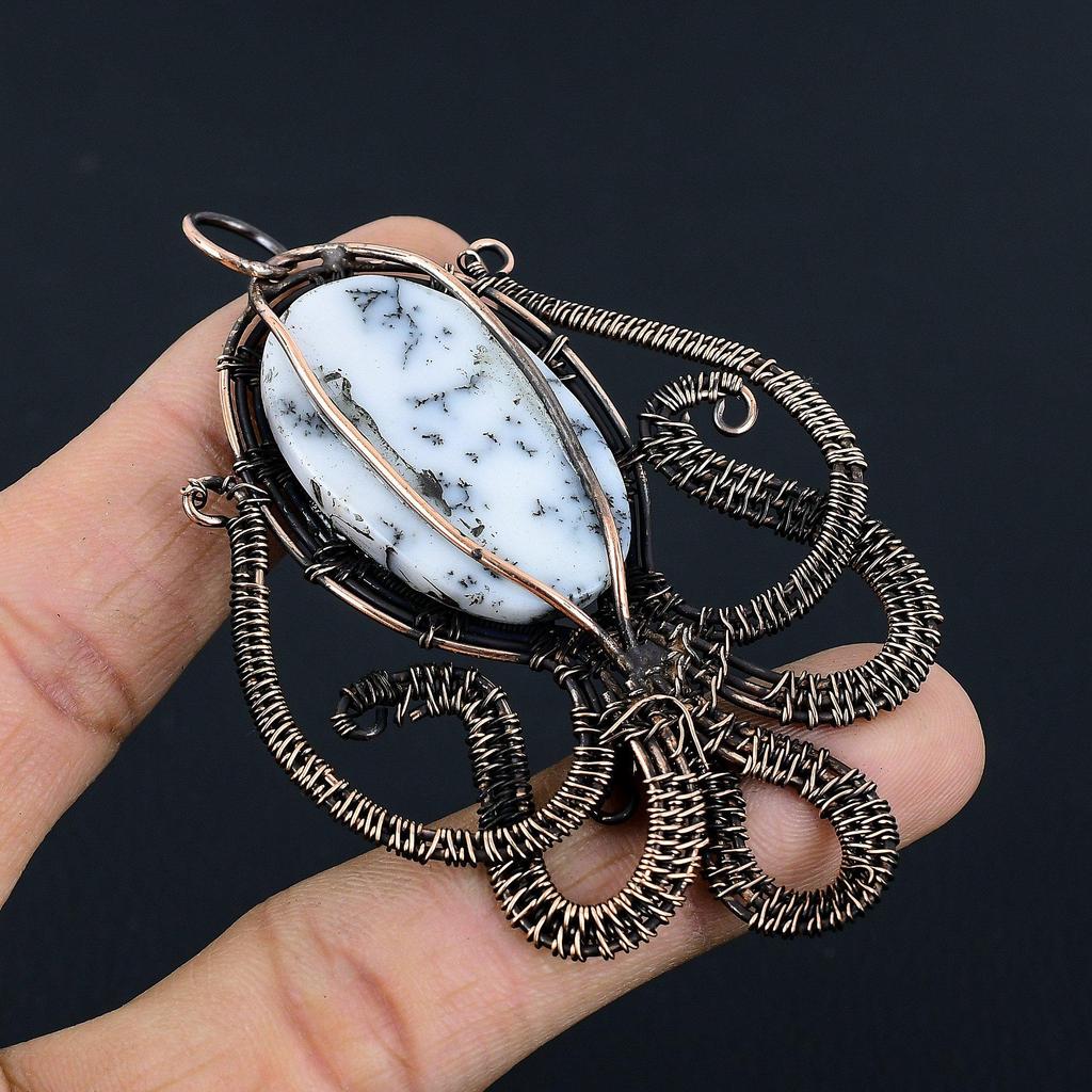 Dendrite Opal 999 Copper Wire Wrapped Pendant, Handmade Gemstone Jewelry Pendant Gift For Birthday