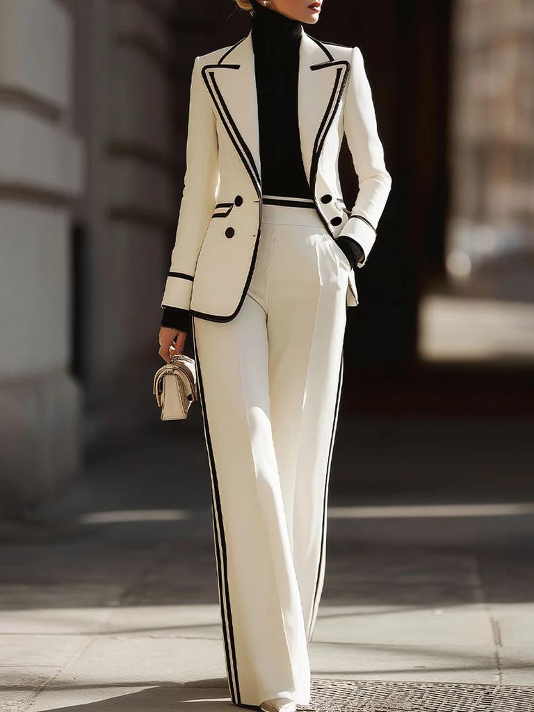 Damen Langarm Anzug Set mit Stehkragen und Lässiger Weitbein Hosen Outfit