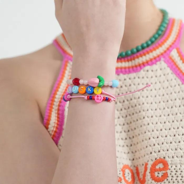 Happy Pop Initial Smile Knot Bracelet Smile Charm Initial Bead Double-Strand Knot Bracelet Thread Bracelet