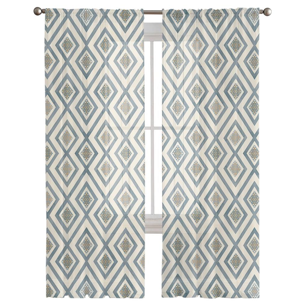 Hand-Drawn Lines Rhombus Geometry Voile Sheer Curtains Living Room Window Tulle Curtain Kitchen Bedroom Drapes Home Decor
