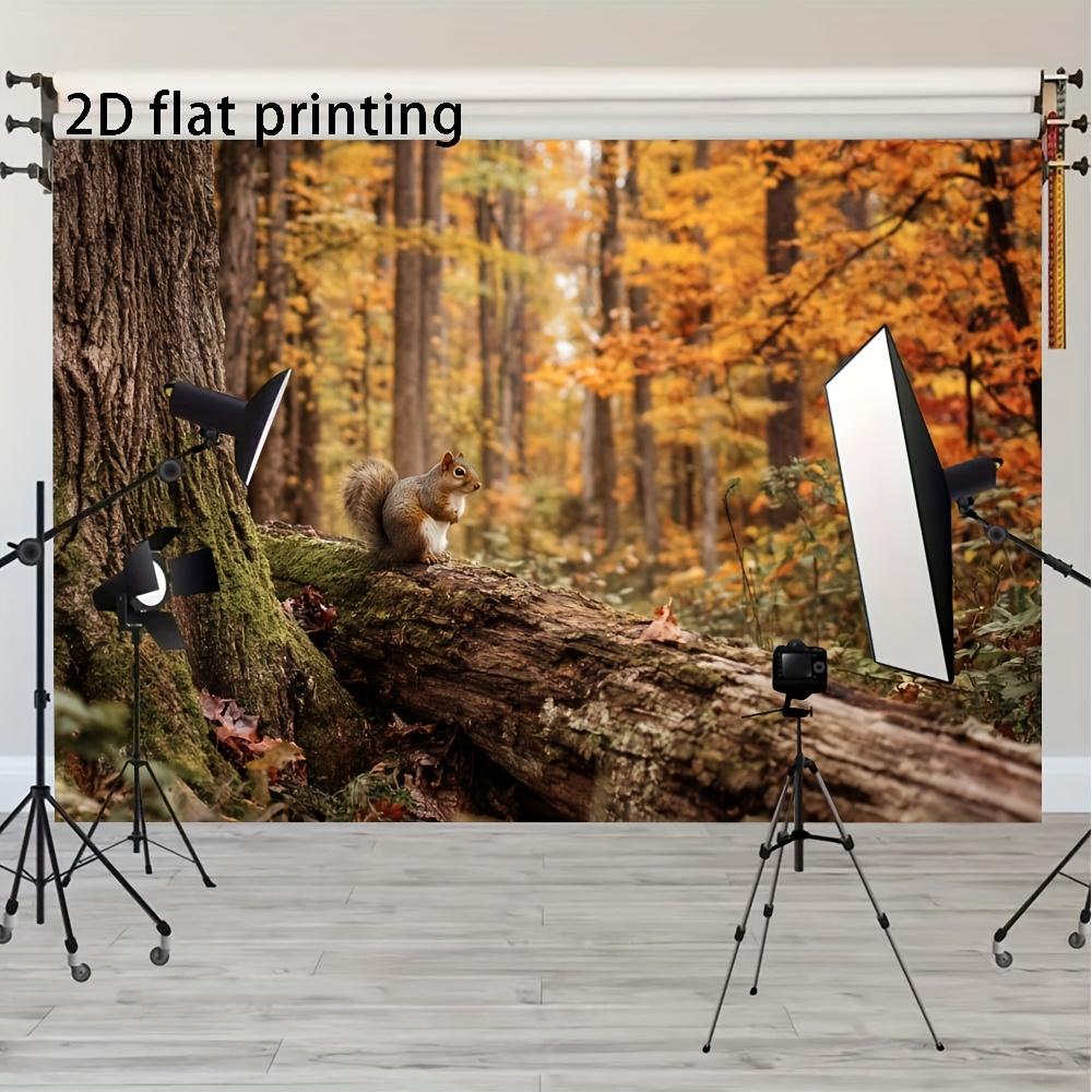2D plane, autumn forest theme, featuring squirrels, wood, trees and fallen leaves, polyester fiber