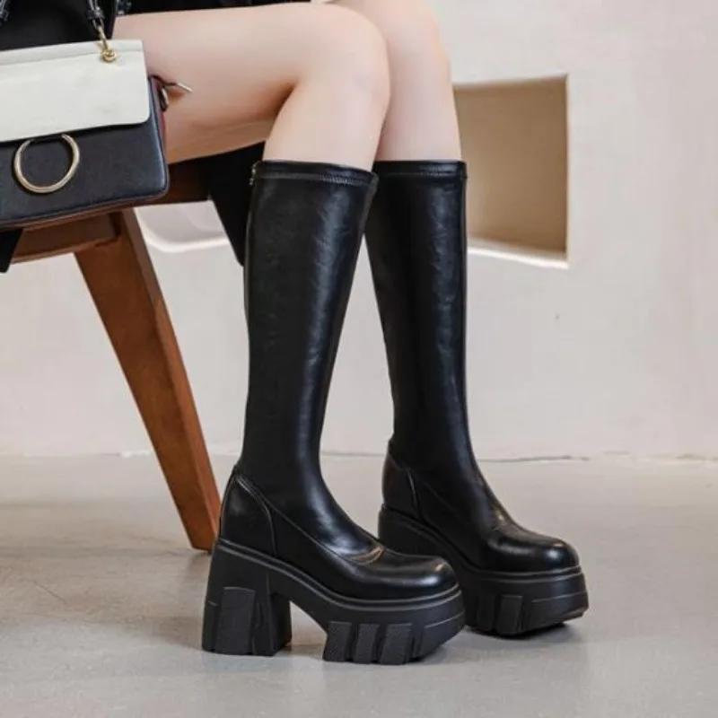 Mode 11CM Mikrofaser Römische Frühling Kniehohe Stiefel Damen High Top Herbst Winter Damen Synthetisches Leder Plateau Keilabsatz Damen Schuhe