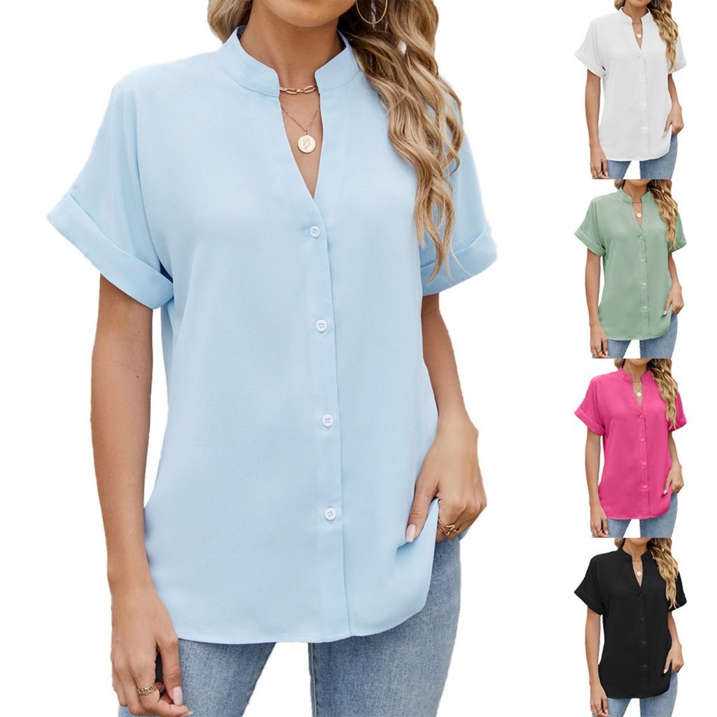 Spring Summer New Solid Color V-neck Loose Short Sleeve Button Down Chiffon Blouse for Leisure Europe America Leisure Trade