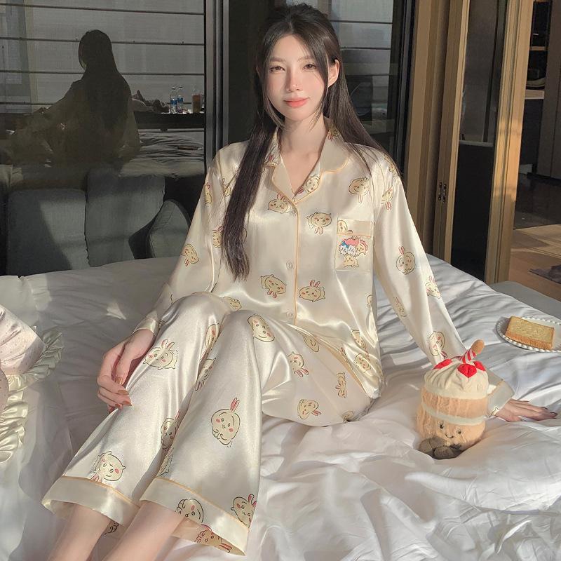Silky Ice Silk Pajamas Women'S Spring And Autumn Cartoon Jiyika Wow Small Eight Long-Sleeved Casual Loungewear Two-Piece Set