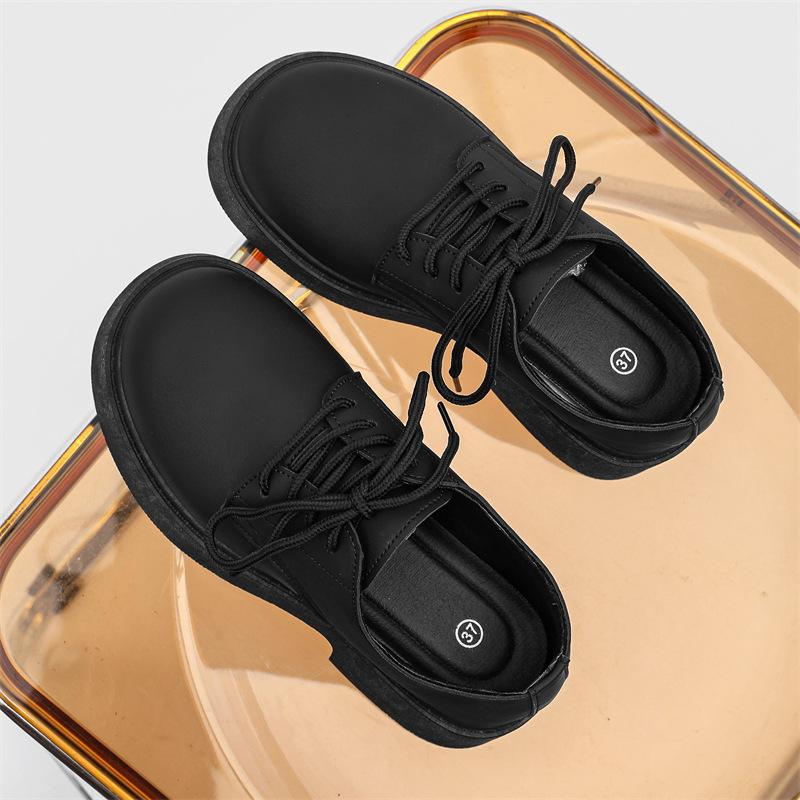 New couple big head black casual leather shoes niche low-top thick sole heightening men's shoes Z100