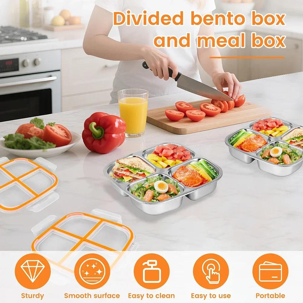 1set Stainless Steel Box With Leak-Proof Covered Four Compartment Refrigerator Storage Box Snack Container Lunch Box For Outdoor