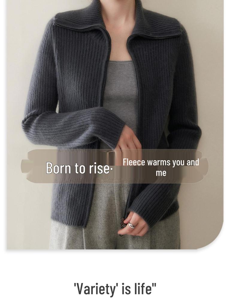 2025 Autumn Winter Women's Retro Cashmere Knit Cardigan - Long Sleeve, Loose Fit, Zipper, Versatile Outerwear.