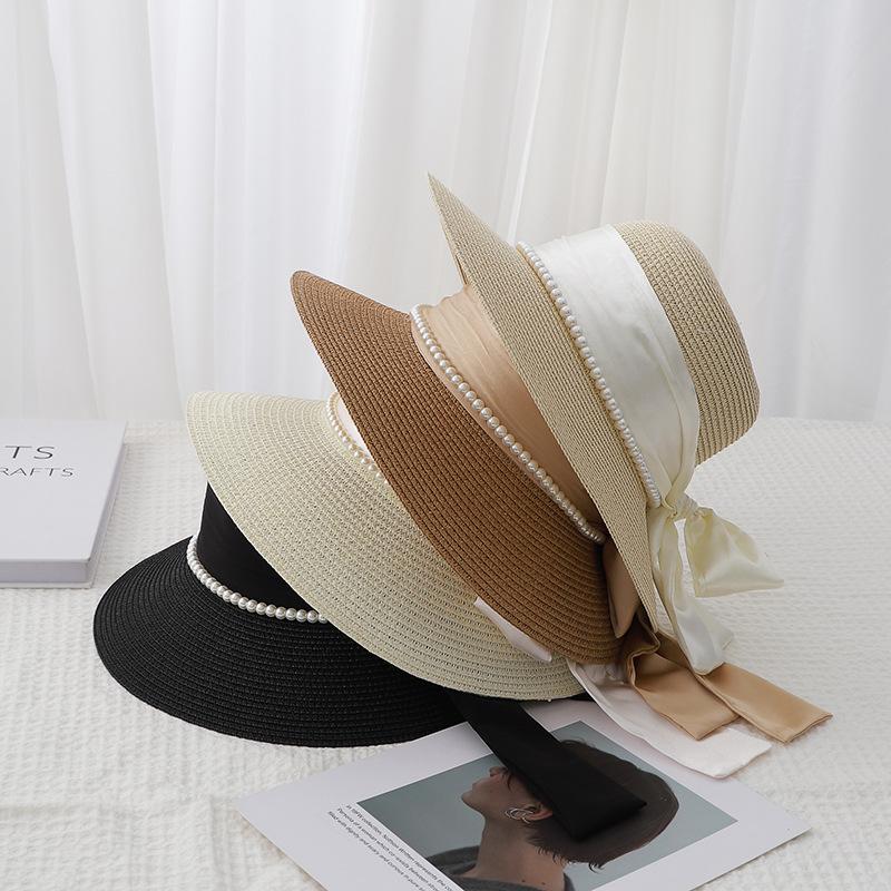 Elegant Women's Sun Hat with Bow & Faux Pearl Accents - Breathable, Wide Brim Straw Bucket Cap for Summer