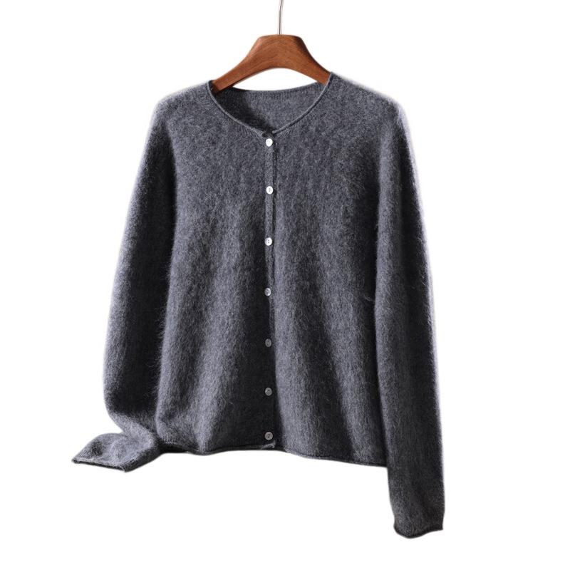 2026 Autumn/Winter Women's Long Sleeve Cashmere Wool Cardigan - Round Neck, Rolled Edge, Solid Color Flocked Sweater