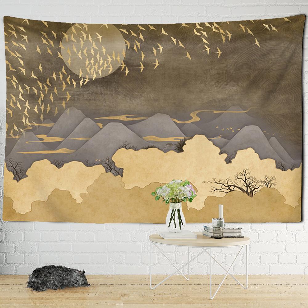 Mountains Sun Moon Landscape Print Tapestry Migratory Birds Fly Wall Hanging Tapestry Macrame Wall Hanging Home Art Decor
