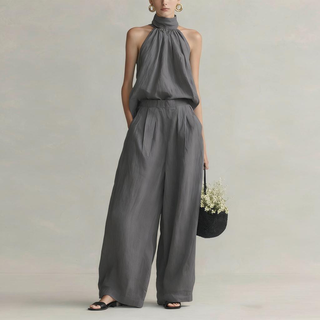 Damen ärmelloses Neckholder-Top und elastische Weitbein-Hose Zweiteiliges Set Baumwoll-Leinen Lässiges Outfit
