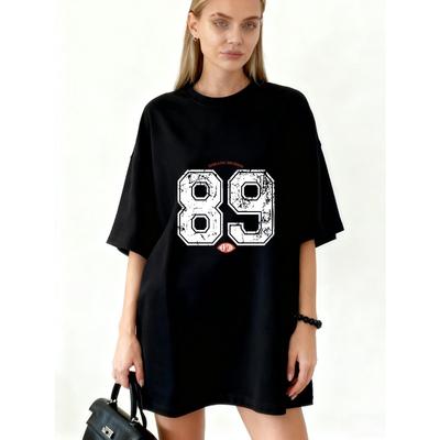 Oversized T-shirt Μαύρο Αριθμός 89 Αθλητική Διαίρεση Εκτύπωση Casual Streetwear Μόδα Μπλούζα Για Γυναίκες