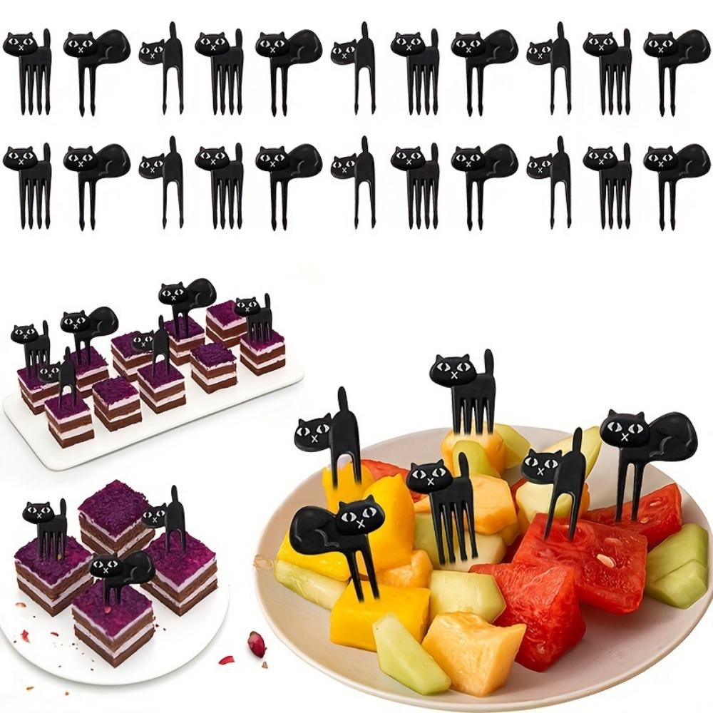 6pcs Set of Black Cat-Shaped Salad Forks Japanese Black Cat Fruit Fork - Cute Cartoon Animal Fruit Picks for Desserts,