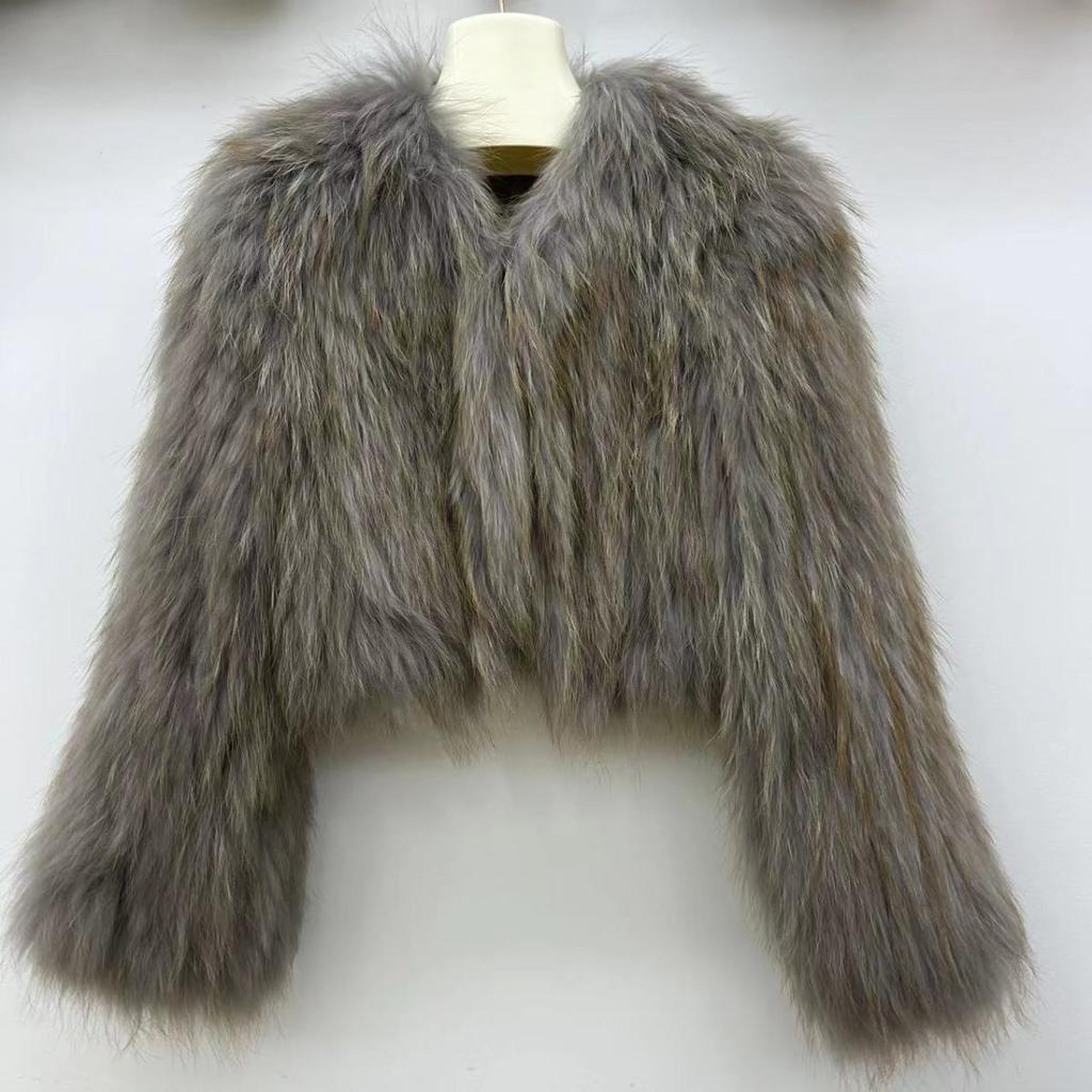 Real Raccoon Fur Braided Jacket Short Length 40cm Double-sided Encryption Slim Young Winter Tops Women's Coat
