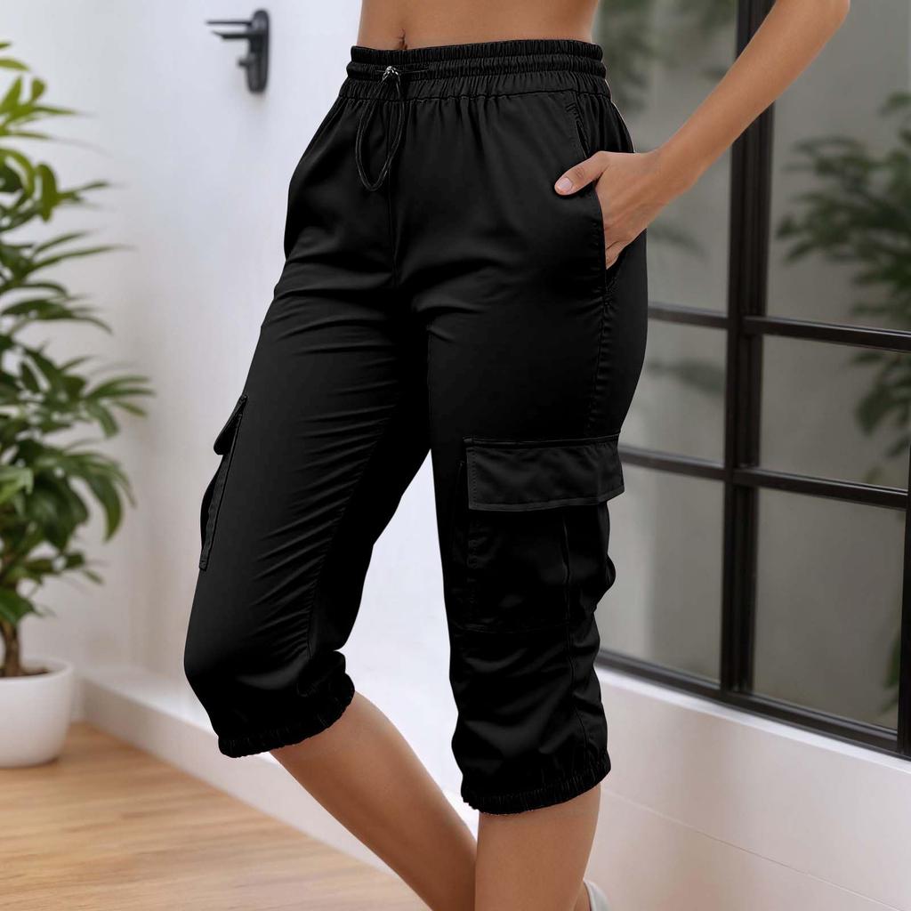 Damen High Waist Cargo Jogginghose Caprihose Elastischer Bund Kordelzug Verstellbare Länge Leichte Freizeithose mit Taschen