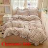 2025 New Cream Lace Girl Powder Grid Korean Version Bed 4-piece Set Washed Cotton Double-layer Yarn Quilt Cover Dormitory