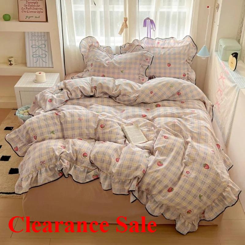 2025 New Cream Lace Girl Powder Grid Korean Version Bed 4-piece Set Washed Cotton Double-layer Yarn Quilt Cover Dormitory
