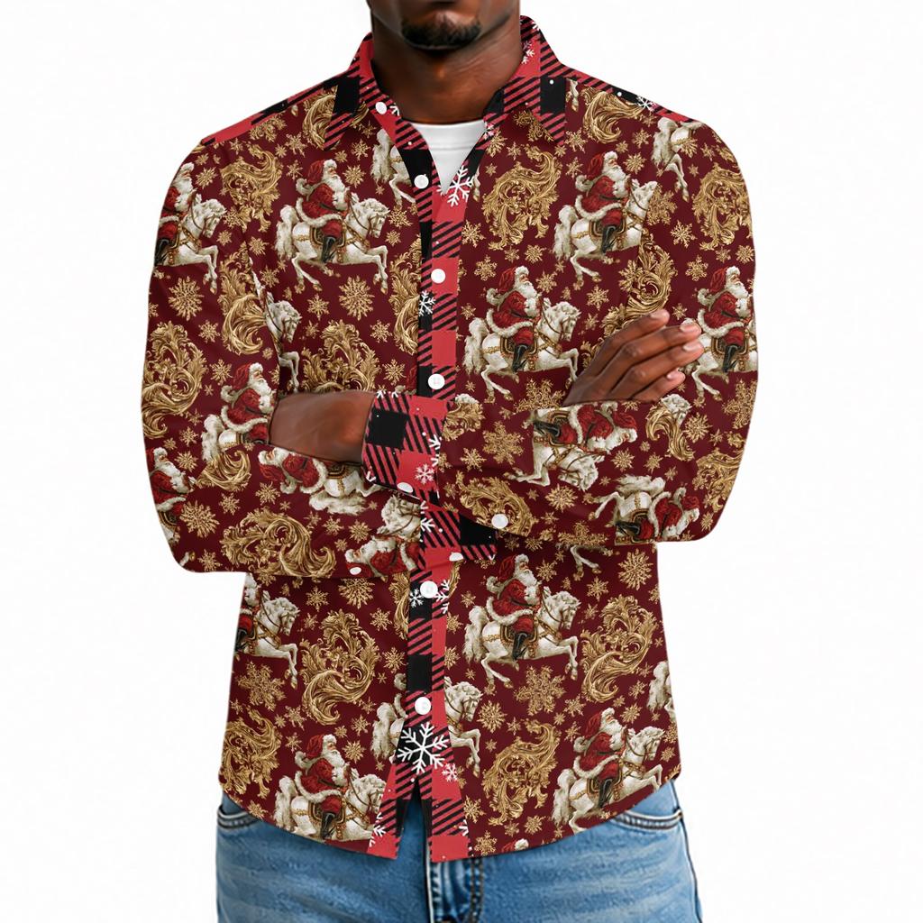 Men's Casual Long Sleeve Shirt with Christmas Print for Holiday Party and Fall