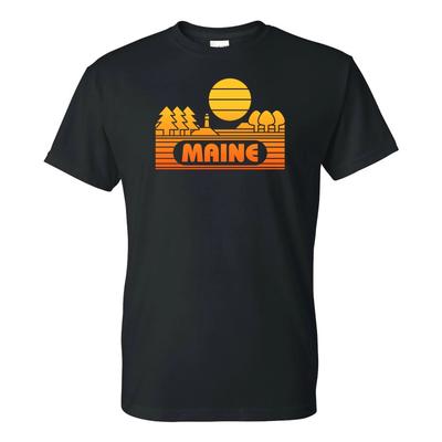Maine Groovy Sunset - Landscape Vacation Home State T Shirt - Black