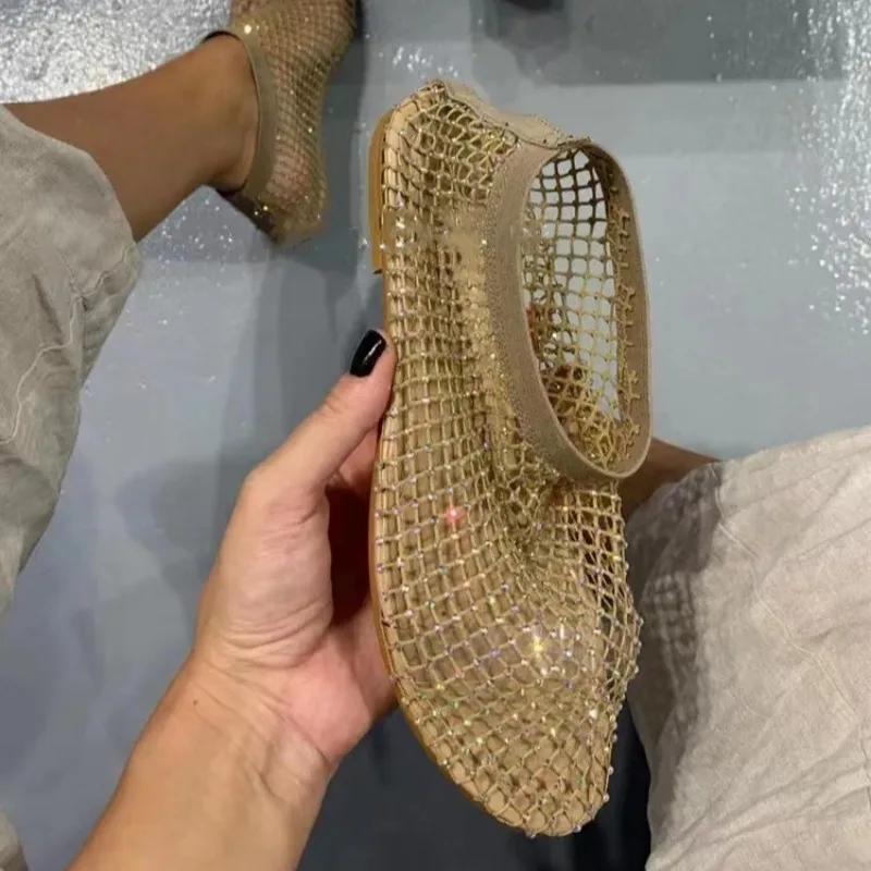Fashion 2024 Summer New Women Sandals Luxury Round Toe Flat Bottom Sandals Mesh Cloth Water Diamond Sexy Fashion Flat Bottom Shoes Women
