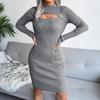 Women Fall Winter Sexy Hollow Out Solid Color Long Sleeve Knit Slim Chic Dress S-L