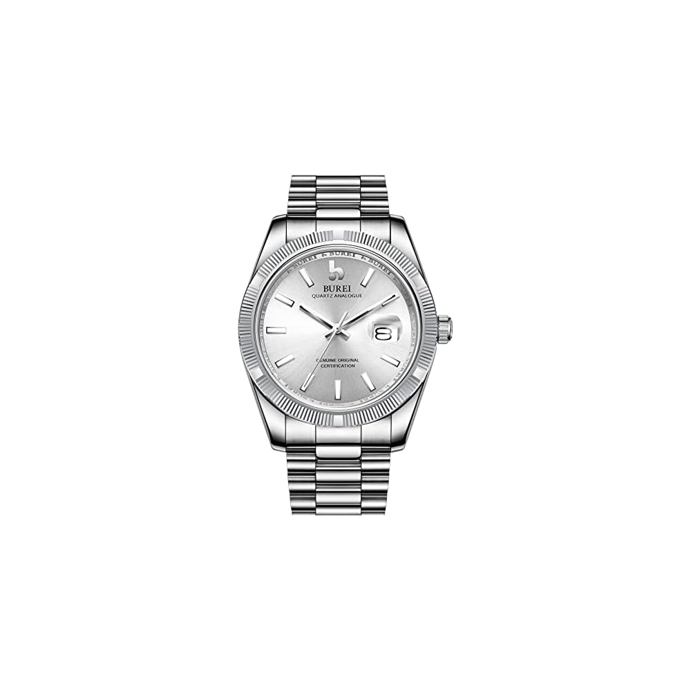 BUREI Men s Analog Quartz Watch Silver White Waterproof Simple Fashion Business Timepiece