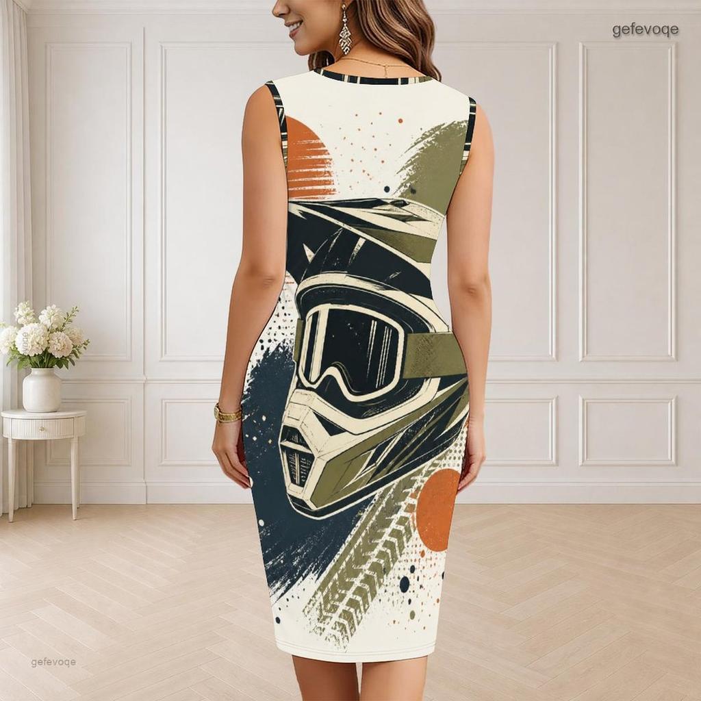 Women Plus Size V Neck Sleeveless Cartoon Bulldozer Printed White Bodycon Midi Dress