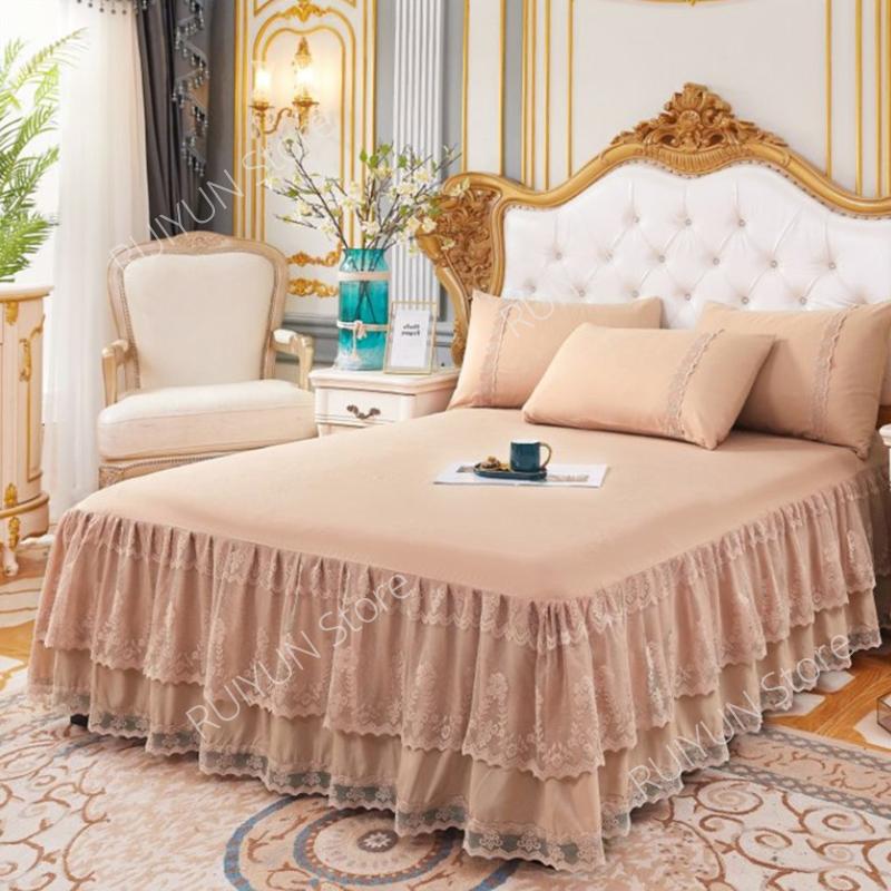 Spitzenrüschen-Bettrock, 3-lagig, Bettrock, Tagesdecke, Schlafzimmerbettdecke, Bettlaken, Bettrock, rutschfester Matratzenbezug, Couvre Lit