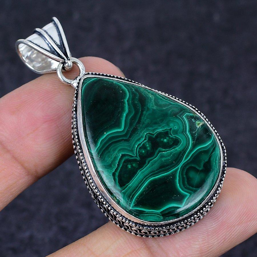 Malachite Gemstone Handmade 925 Sterling Silver Jewelry Pendant 2.17" K7e23
