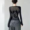Black Retro Angel Print T-shirt for Women 2026 Autumn Fashion Slim Fit Tee Shirt Y2k E-Girl Long Sleeve Bottoming Tops Mujer