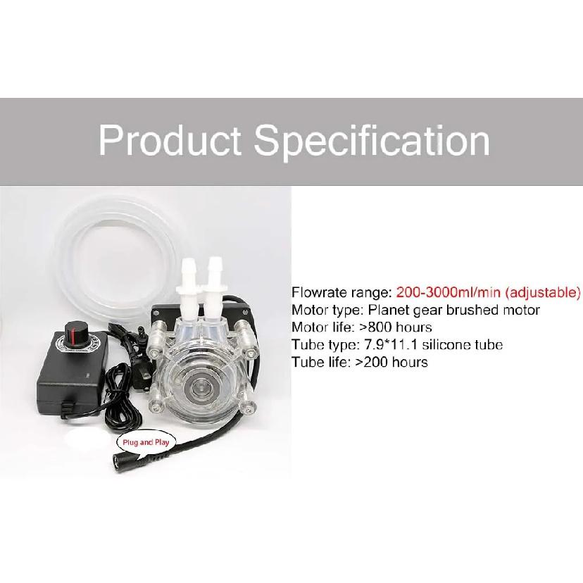 Peristaltic Pump Water Pumping Adjustable Flowrate 200ml~3000ml/min Plug and Play With Power Adaptor