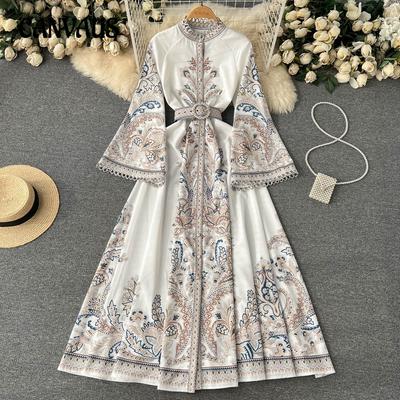 Spring Women's Vintage Printed Round Neck Flared Sleeve Dress Single Breasted Big Swing Irregular Pleated Long Dress