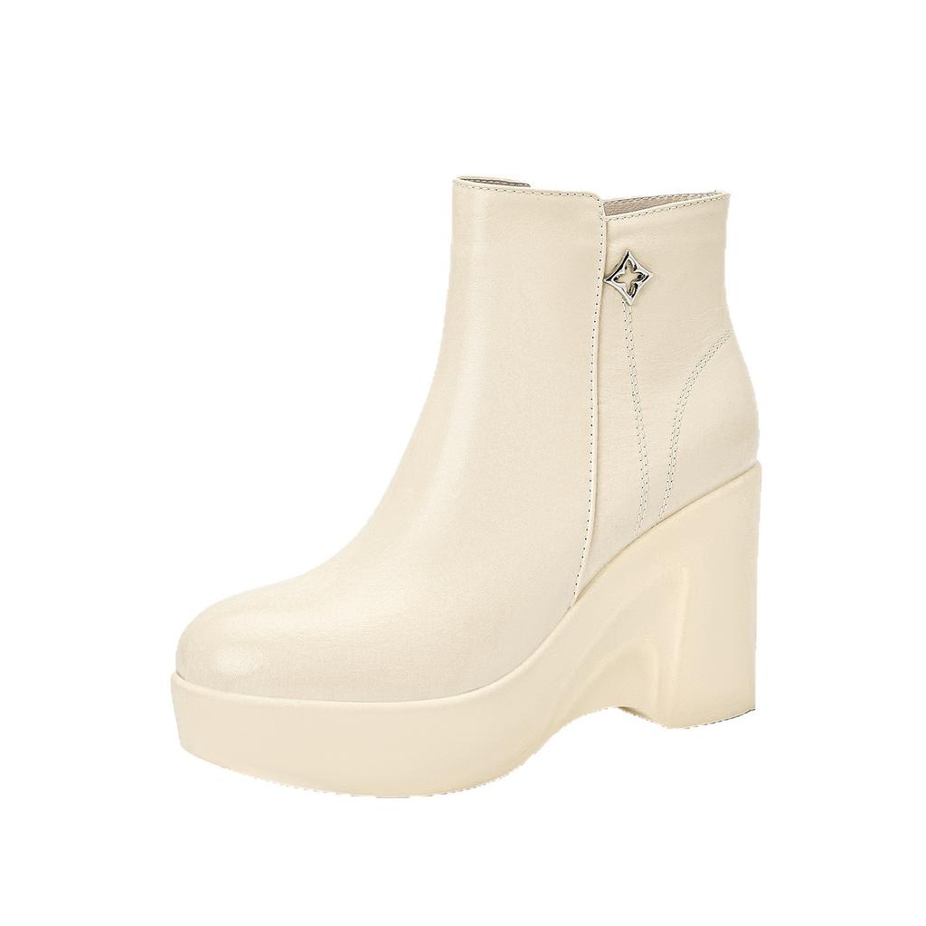 Round head small thick-soled leather short boots 2025 autumn and winter new muffin bottom slope heel versatile super high heel and ankle boots