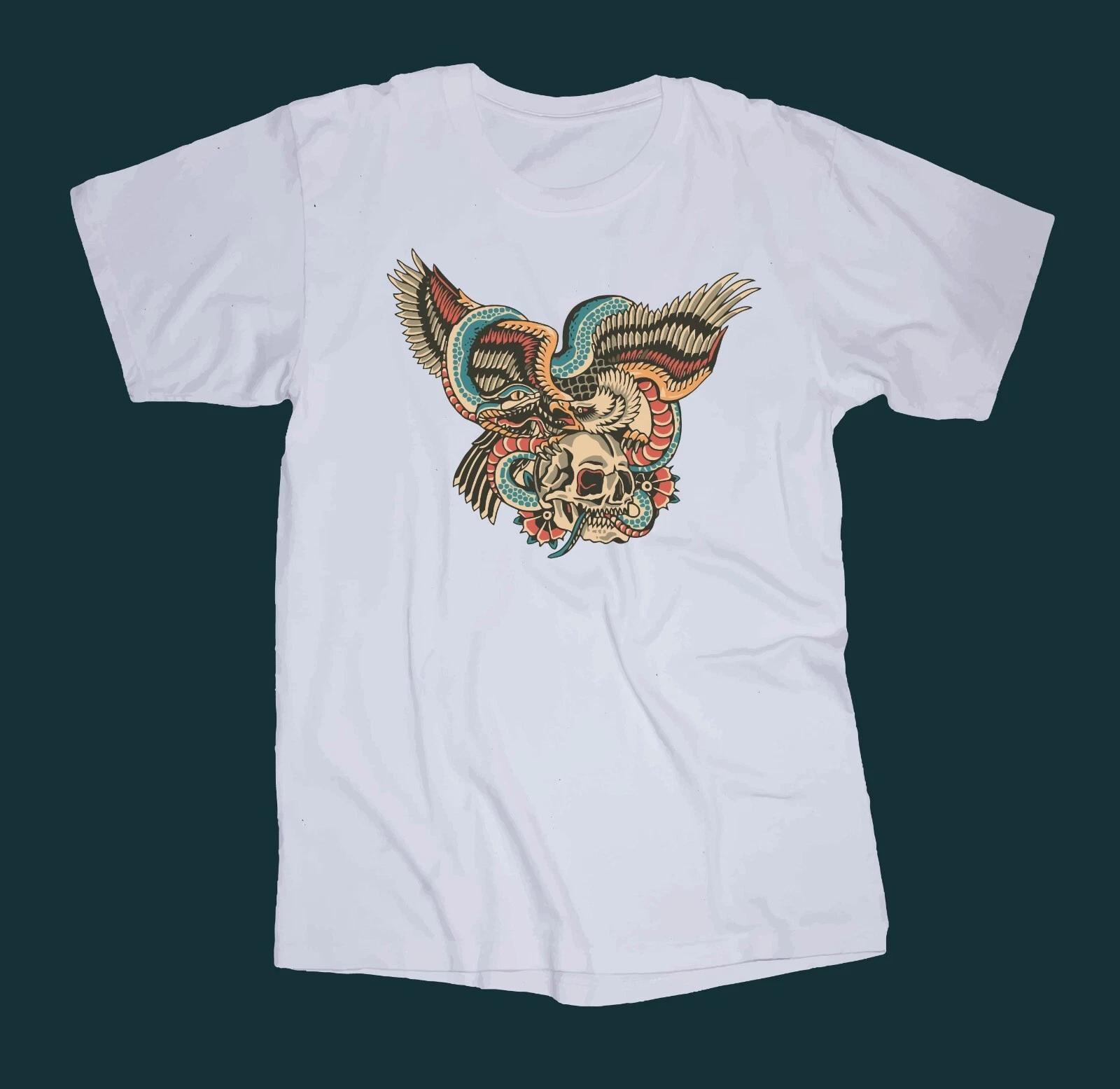 Tattoo art white T-shirt Eagle Snake Skull traditional drawing graphic XL