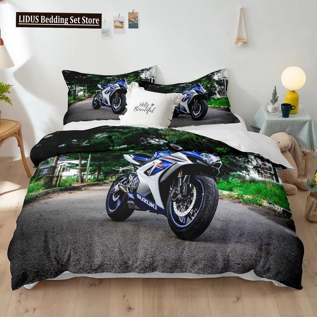 Dirt Bike Duvet Cover Set 3D Racing Motocross Bedding Set For Teen Motorcycle Rider Extreme Sports Polyester Comforter Cover
