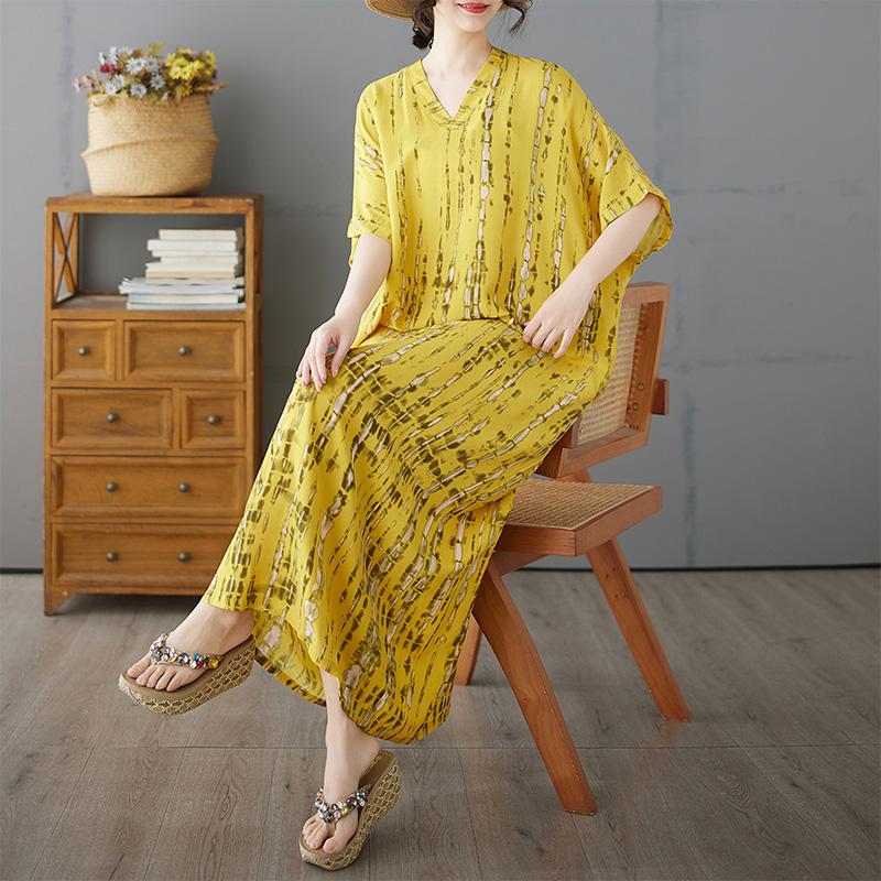 Dimanaf Plus Size New 2025 Women Summer Dress Basic V-Neck Beach Casual Long Fashion Printing Loose Dress