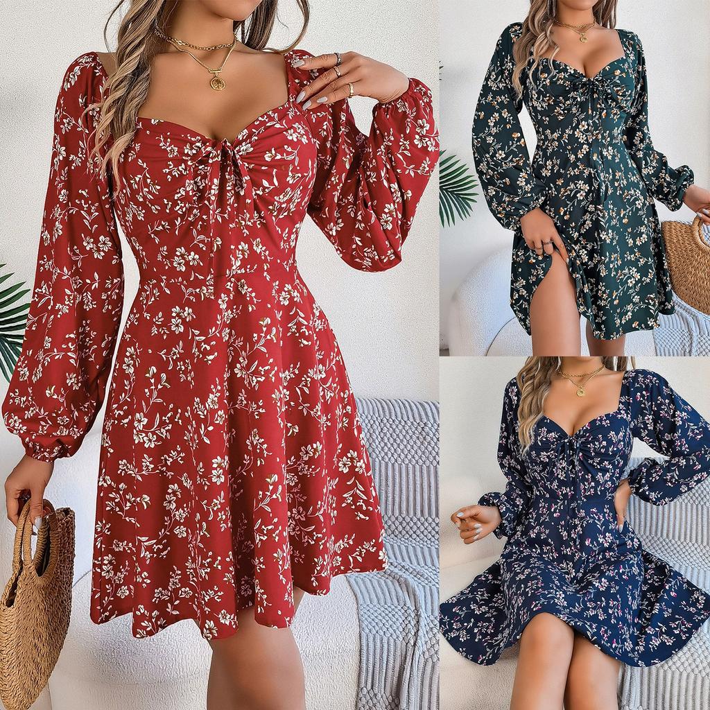Women's Midi Dress V-Neck Long Sleeve Flower A Line Dress Casual  Flower Pleated High Waist Beach Dress
