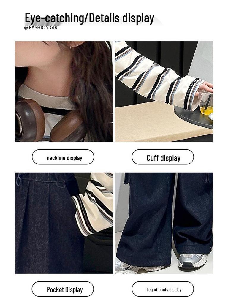 Girls' Striped T-shirt & Denim Overalls Set - Korean Style Fashion for Spring & Autumn