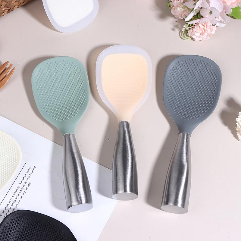 1Pc Silicone Spoon Non-Stick Cooking Spoon Stainless Steel Handle Anti-Scalding Pot Rice Spoon Durable Kitchen Gadgets
