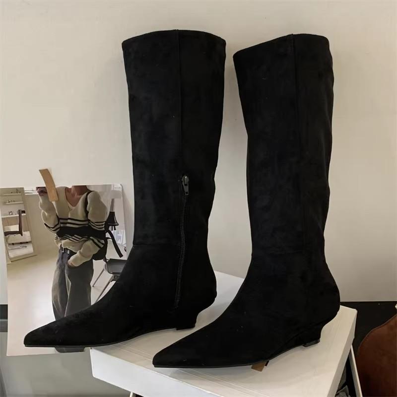 Fashion Eilyken Vintage Design Pointed Toe Women Knee High Boots Autumn Winter Wedges Heels Female Long Booties Zapatos De Muje