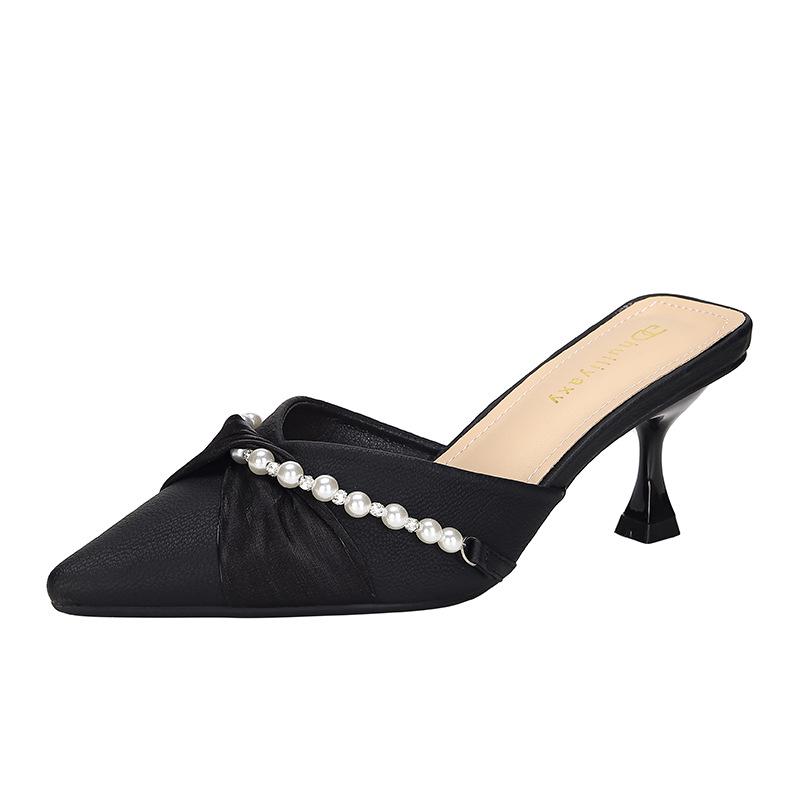 Huiliya Baotou Pointed Toe Women's Pearl Chunky Heel Mules 912-D86